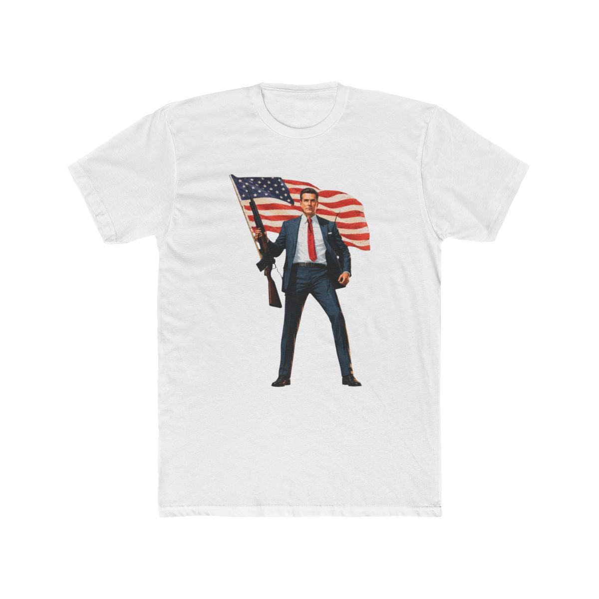 Gavin Newsom Patriotic Tank with Flag and Rifle Artwork T Shirt | Gavin Adcock - Official tank-tops merchandise